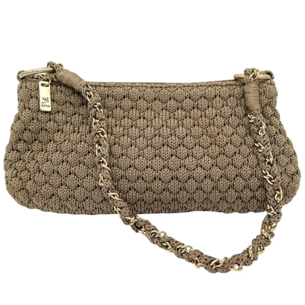 Lina Taupe Crochet Knit Shoulder Bag Boho Woven Chain Strap Purse
